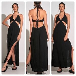 NEW ELAN goddess gauzy flowy maxi cut out halter dress in black